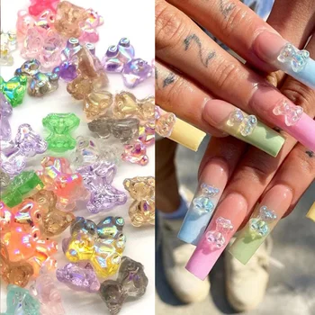 20шт Aurora Crystal Bear Nail Art Charm 3D 8 мм Блестящий кристалл смолы Gummy Bear Украшение для ногтей Kawaii Аксессуары для ногтей своими руками