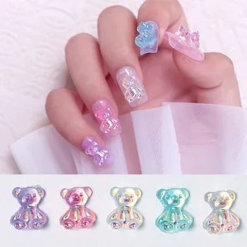 20шт Aurora Crystal Bear Nail Art Charm 3D 8 мм Блестящий кристалл смолы Gummy Bear Украшение для ногтей Kawaii Аксессуары для ногтей своими руками 3