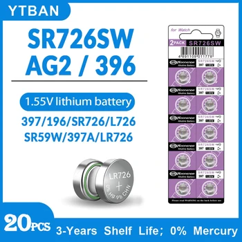 20шт Батарея LR726 AG2 397 397A L726F SR726SW 1.55 В Литиевые Батареи Монетные Ячейки Кнопочная Батарея Для Часов Калькулятор