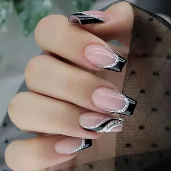 24шт Френч-пресс для маникюра своими руками Love Heart на ногтях Ballerina Glitter Black Silver Короткие Французские накладные ногти
