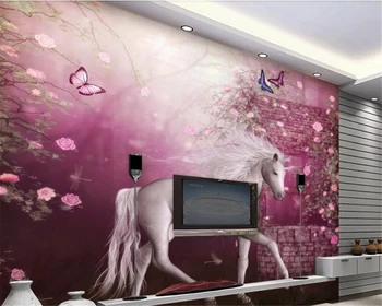 beibehang Европейская мода трехмерные утолщающиеся обои пасторальный единорог белая лошадь ТВ фон стены из папье-маше
