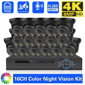 H.265 16CH 4K 8MP POE Security NVR Система Камеры Двухстороннего Аудио Купольный Полноцветный Комплект Защиты Видеонаблюдения Ночного Видения