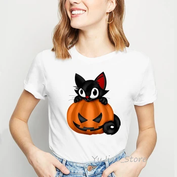 Harajuku kawaii кошка тыква футболка с животным принтом femme футболка на Хэллоуин женская летняя одежда 2019 топы camiseta уличная одежда