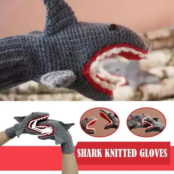 Herbst/winter 2023 Neue Cartoon Blau Grau Shark Beißen Handschuhe Hand Finger Handschuhe Halbe Stricken Warme Y2s1
