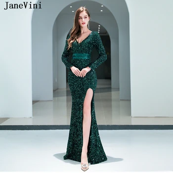 JaneVini, Сексуальные Темно-зеленые вечерние платья с блестками, женские свадебные платья с разрезом по бокам Русалки, Блестящее платье для выпускного вечера Akşam Elbise