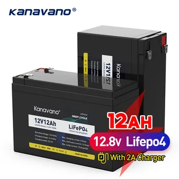 Kanavano Перезаряжаемый Аккумулятор LiFePO4 12V 12Ah Встроенный 4S BMS Для Светодиодных Осветительных Приборов Бытовая Техника + Зарядное Устройство 2A