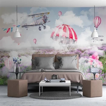 wellyu papel parede Обои на заказ Свежее минималистичное небо самолет парашют лавандовая фреска фон стены из папье-маше