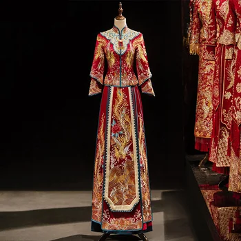 Yourqipao Xiuhe Clothing Bride 2023 Традиционные китайские свадебные платья для тостов Hanfu Кимоно Женское свадебное платье с драконом и Фениксом