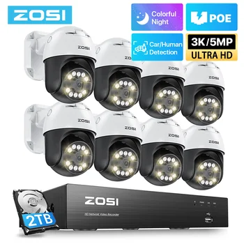 ZOSI 8-Канальная 5-Мегапиксельная Система Видеонаблюдения PTZ POE IP-Камера AI Face Detect Audio 8-Мегапиксельный Комплект NVR Наружного видеонаблюдения Комплект Камер Безопасности