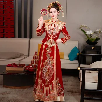 Бархатная одежда Xiuhe 2023, Китайские традиционные свадебные платья для новобрачных, комплекты платьев с драконами и Фениксами для женщин больших размеров