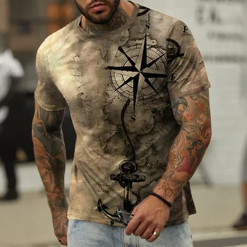 Винтажная мужская футболка с 3D-принтом компаса, топы с короткими рукавами, уличные футболки с графическим рисунком 2023, футболки Оверсайз, рубашки, мужская одежда