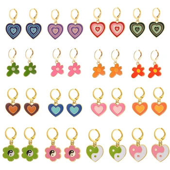 Винтажные Красочные серьги в виде цветка в виде сердца для женщин, серьги-кольца для девочек, Креативные металлические украшения в стиле Y2K, Розово-зеленый Love Party Trend