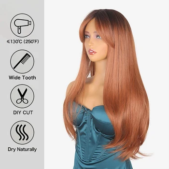 Горячая продажа Коричневый Оранжевый длинные прямые волосы средней расстались челкой парик высокой температуры для женщин шелковые машинного производства химического волокна 1