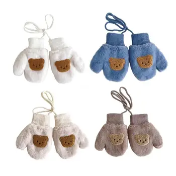 Детские варежки, противоскользящие зимние теплые перчатки с мультяшным медведем, толстые варежки с веревкой, прямая поставка
