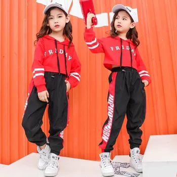 Детский спортивный костюм с длинными рукавами, одежда для уличных танцев для девочек, детская красная укороченная толстовка с капюшоном, топы, брюки, комплект подростковой одежды из 2 предметов для девочек