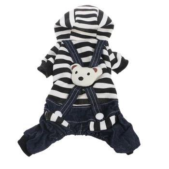 Джинсовая куртка DONG для маленьких собак, джинсовая ткань с подтяжками в виде головы медведя, одежда для домашних животных в черную полоску