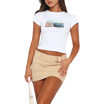 Женская футболка с принтом пейзажа с коротким рукавом, Летние топы с круглым вырезом, базовые футболки 2000-х годов на каждый день