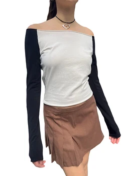Женские повседневные топы с длинными рукавами, Базовая блузка контрастного цвета с открытыми плечами, приталенная 1