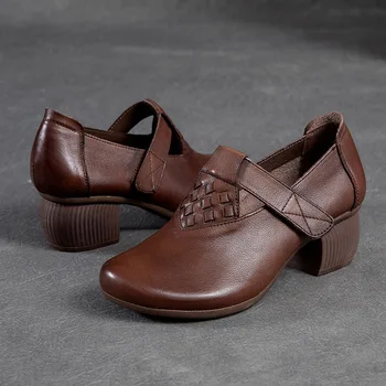 Женские тонкие туфли Mary Jane из натуральной кожи, весна 2022, новые тканые туфли из натуральной кожи в стиле ретро на среднем толстом каблуке в стиле ретро