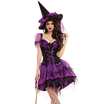 Женский костюм злой ведьмы На Хэллоуин, костюм ведьмы для взрослых, костюмы для ролевых игр, косплей, женская шляпа, фиолетовое платье, комплект одежды для выступлений 0