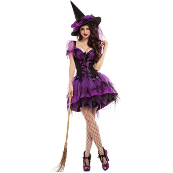 Женский костюм злой ведьмы На Хэллоуин, костюм ведьмы для взрослых, костюмы для ролевых игр, косплей, женская шляпа, фиолетовое платье, комплект одежды для выступлений 1