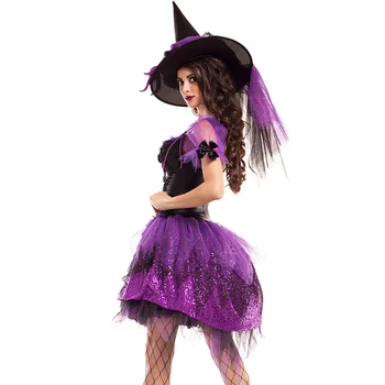 Женский костюм злой ведьмы На Хэллоуин, костюм ведьмы для взрослых, костюмы для ролевых игр, косплей, женская шляпа, фиолетовое платье, комплект одежды для выступлений 5