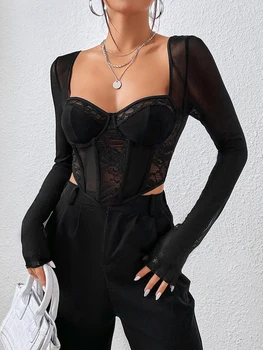 Женский сексуальный корсет, укороченные топы, кружевные футболки-бюстье с длинным рукавом, Модные укороченные блузки, женская обтягивающая клубная одежда, уличная одежда