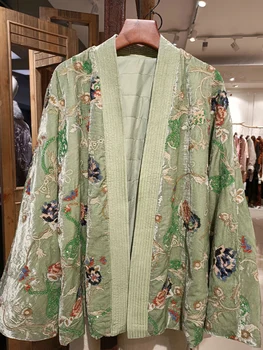 Зеленая Набивная Куртка С Новой Вышивкой Тяжелой Промышленности В Китайском Стиле С Зелеными Струящимися Легкими Бархатными Куртками, Вышитым Пальто