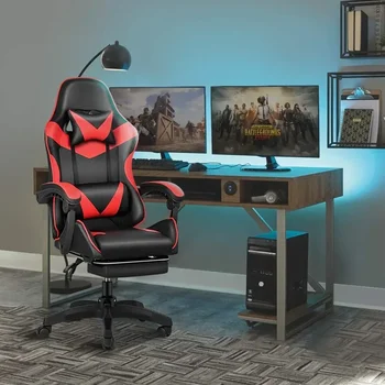 Игровое кресло, спинка и сиденье Регулируются по высоте, Поворотное кресло с откидной спинкой, Гоночный офисный компьютер, Эргономичное видео Красный / черный