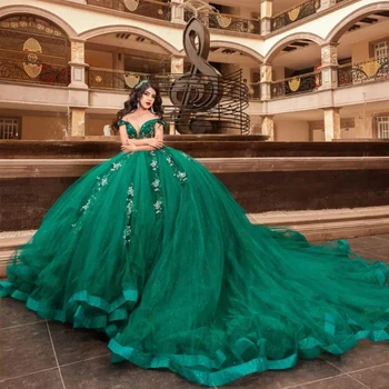 Изумрудно-зеленые пышные платья с кристаллами, расшитые бисером, Бальное платье, Расшитый блестками Корсет, платье Sweet 15 Vestidos De Sweet 16