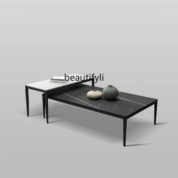 Итальянский журнальный столик с каменной плитой Простой Современный Дизайнерский образец комнаты, Комбинация Выдвижной высоты, Квадратный Итальянский Минимализм 2