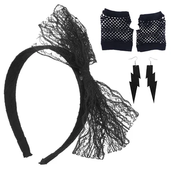Кружевная повязка на голову 80-х, неоновые серьги, перчатки в сеточку без пальцев для вечеринки 80-х (черные)