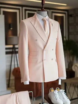 Летний Пляжный Свадебный костюм Для мужчин, Розовый блейзер, комплекты из 2 частей, Двубортный мужской костюм Masculino, официальное вечернее платье на заказ
