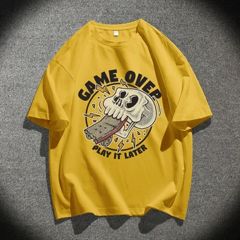 Летняя футболка в стиле хип-хоп, мужская хлопковая футболка с короткими рукавами, однотонный принт скелета, свободный и универсальный спортивный топ для уличных танцев, мужская 154
