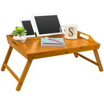 Медиа-поднос для кровати / Столик для завтрака с держателем телефона/ планшета - натуральный бамбук (подходит для планшета с диагональю до 12,9 дюйма / ноутбука с диагональю 17,3 дюйма) 0
