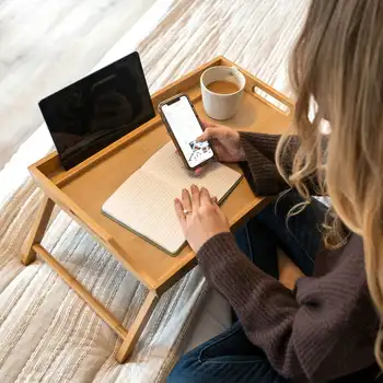 Медиа-поднос для кровати / Столик для завтрака с держателем телефона/ планшета - натуральный бамбук (подходит для планшета с диагональю до 12,9 дюйма / ноутбука с диагональю 17,3 дюйма) 2