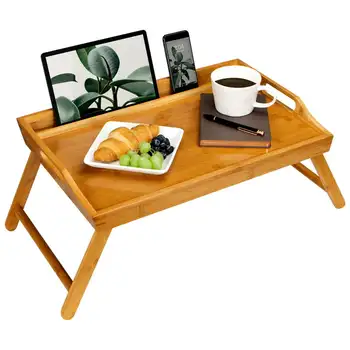 Медиа-поднос для кровати / Столик для завтрака с держателем телефона/ планшета - натуральный бамбук (подходит для планшета с диагональю до 12,9 дюйма / ноутбука с диагональю 17,3 дюйма) 3