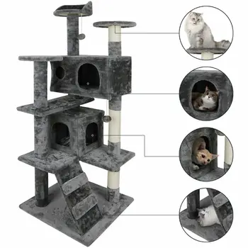 Металлическая проволочная клетка для кошек Вилла для домашних животных включает в себя 4 полки для сидения Съемный кошачий манеж Гнездо Домик для котенка с лестницей