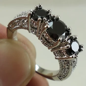 Модные черные кольца с кубическим цирконием и тремя камнями для женщин, свадебные украшения для помолвки, подарки на День Святого Валентина