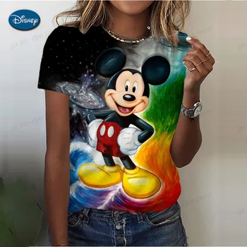 Новая женская футболка с 3D принтом Disney Minnie Mickey Mouse, Летние свободные топы с круглым вырезом и коротким рукавом, повседневная винтажная женская футболка, Размер
