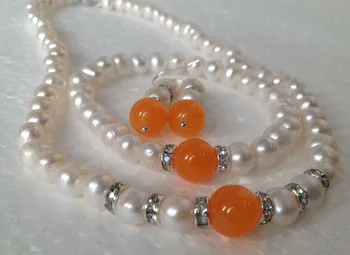 Новая мода очаровательная бесплатная доставка Настоящее 7-8 мм Белое Akoya Культивированная Груша оранжевый халцедон браслеты ожерелье серьги набор BV66