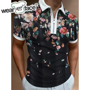 Однотонная рубашка поло на молнии с 3D принтом в цветочную полоску, летняя уличная повседневная хипстерская мужская одежда с коротким рукавом.