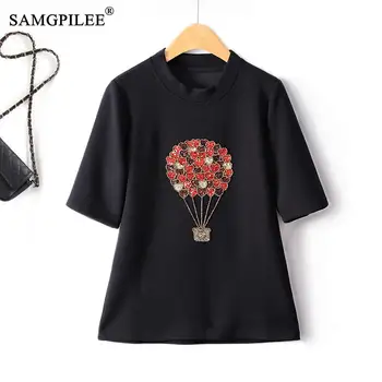 Осенняя новая модная женская футболка 2023 из воздушного хлопка с вышитым бисером рисунком воздушного шара в корейском стиле с коротким рукавом, милая женская футболка Оверсайз