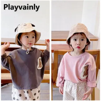 Осенняя одежда для маленьких девочек, футболка, серый, розовый, хлопковый свитер с круглым воротом и длинными рукавами, детская одежда E21069