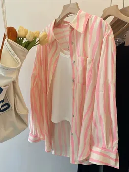 Официальная фотография Женская рубашка с защитой от солнца в розовую полоску, Весна-Лето-Осень, Тонкий французский шикарный кардиган, топы, прямая поставка