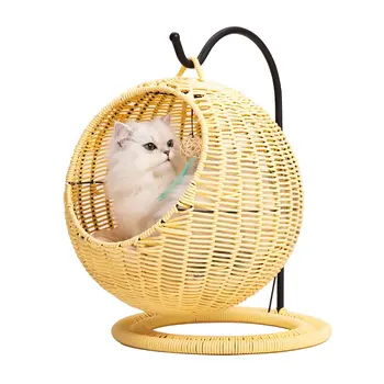 Подвесной гамак-качели из синтетического ротанга для домашних животных для маленьких собак и кошек с подушкой, Плетеная кошачья кровать ручной работы
