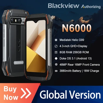 Прочный смартфон Blackview N6000 с 4,3-дюймовым дисплеем, мобильный телефон Android 13, восьмиядерный Helio G99, 16 ГБ 256 ГБ, камеры 48 Мп, поддержка NFC