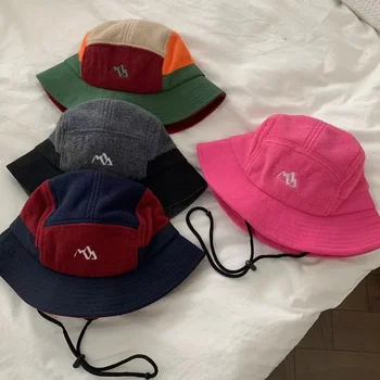 Ретро-флисовые шляпы-ведерки с завязками в тон, осенние и зимние уличные теплые кепки с вышивкой Ins для мужчин и женщин