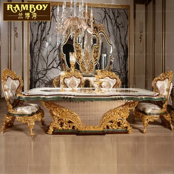 Роскошные обеденные столы и стулья из европейского массива дерева с резьбой по дереву, роскошная вилла во французском дворце, расписанный золотой фольгой стол на заказ