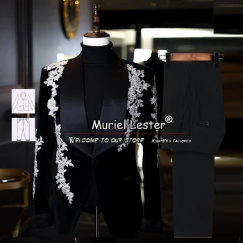 Роскошные черные мужские костюмы С аппликацией Блейзер Однобортный пиджак большого размера Новейший дизайн 2 предмета Пальто Брюки Свадебные смокинги